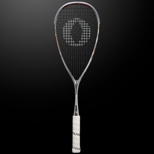OLIVER APEX 5.0 Pro Squash Racket, silver racket with white grip on a dark grey background