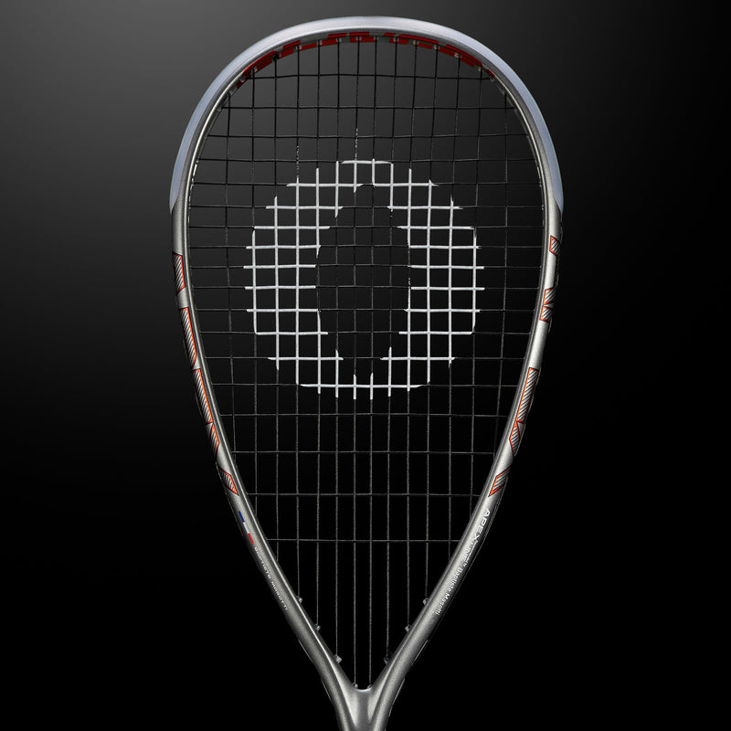 OLIVER APEX 5.0 Pro Squash Racket, silver racket on a dark grey background