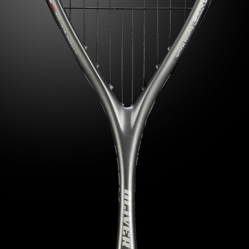 OLIVER APEX 5.0 Pro Squash Racket, silver racket on a dark grey background