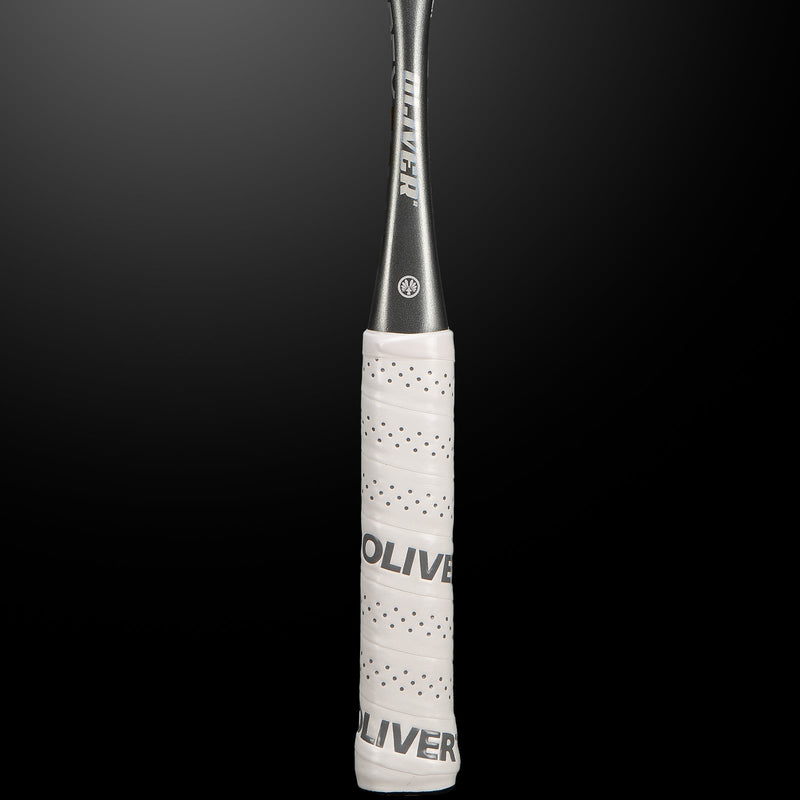 OLIVER APEX 5.0 Pro Squash Racket, white grip on a dark grey background