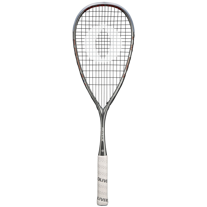 OLIVER APEX 5.0 Pro Squash Racket, silver racket with white grip on a white background