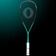 OLIVER APEX 920 CE Squash Racket, mint green racket with white grip on a dark teal background
