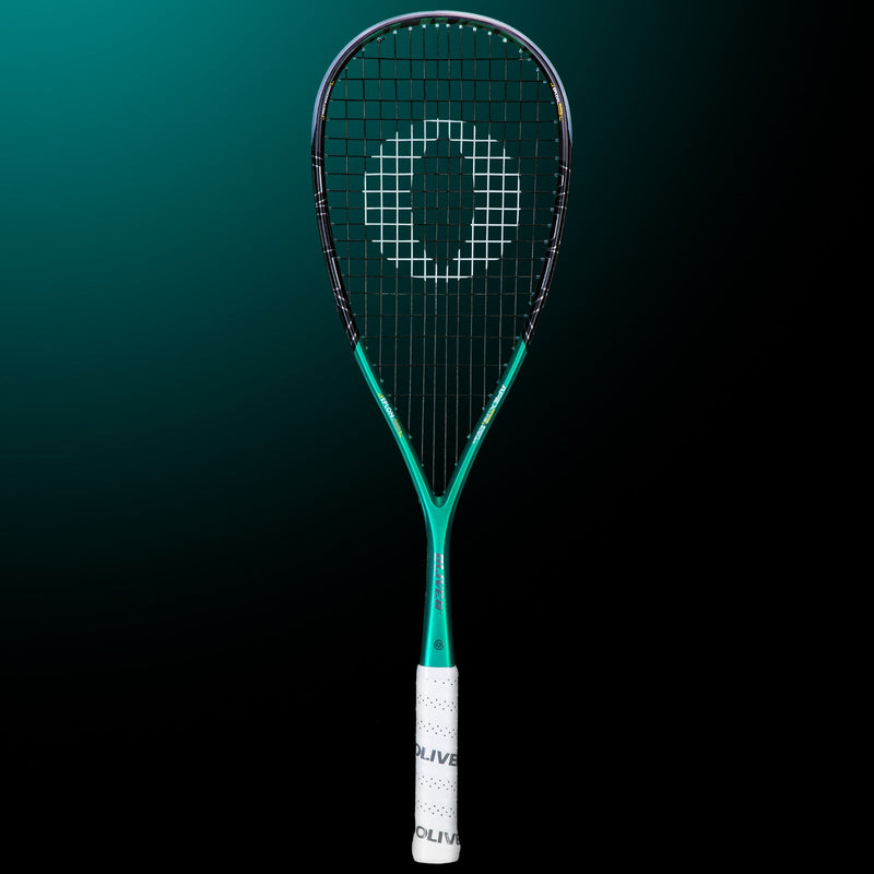 OLIVER APEX 920 CE Squash Racket, mint green racket with white grip on a dark teal background