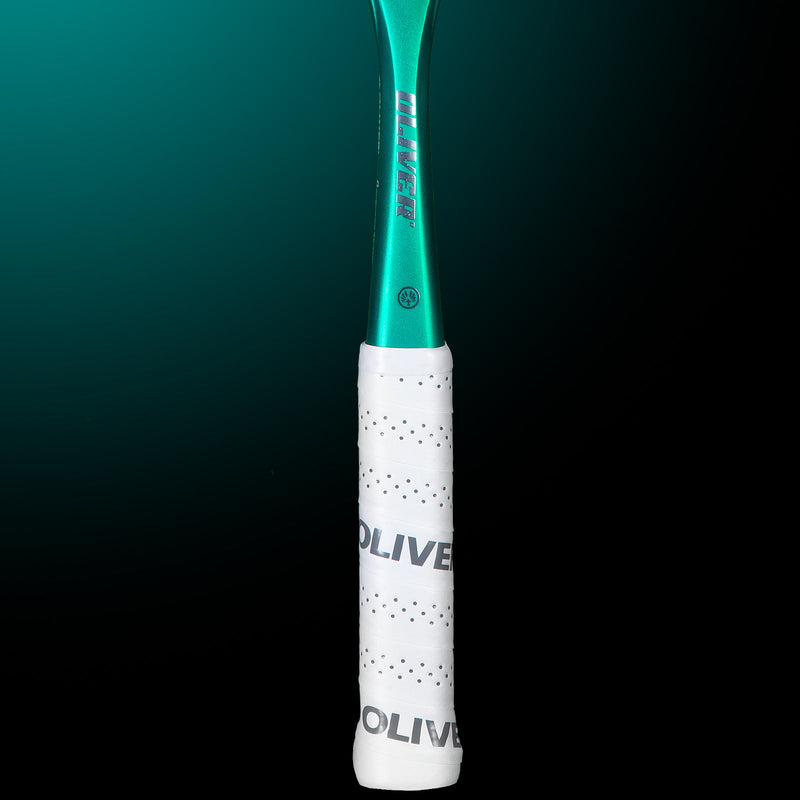 OLIVER APEX 920 CE Squash Racket, white grip on a dark teal background