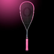 OLIVER Fuchsia Squash Racket, black and pink squash racket with pink grip on a dark background
