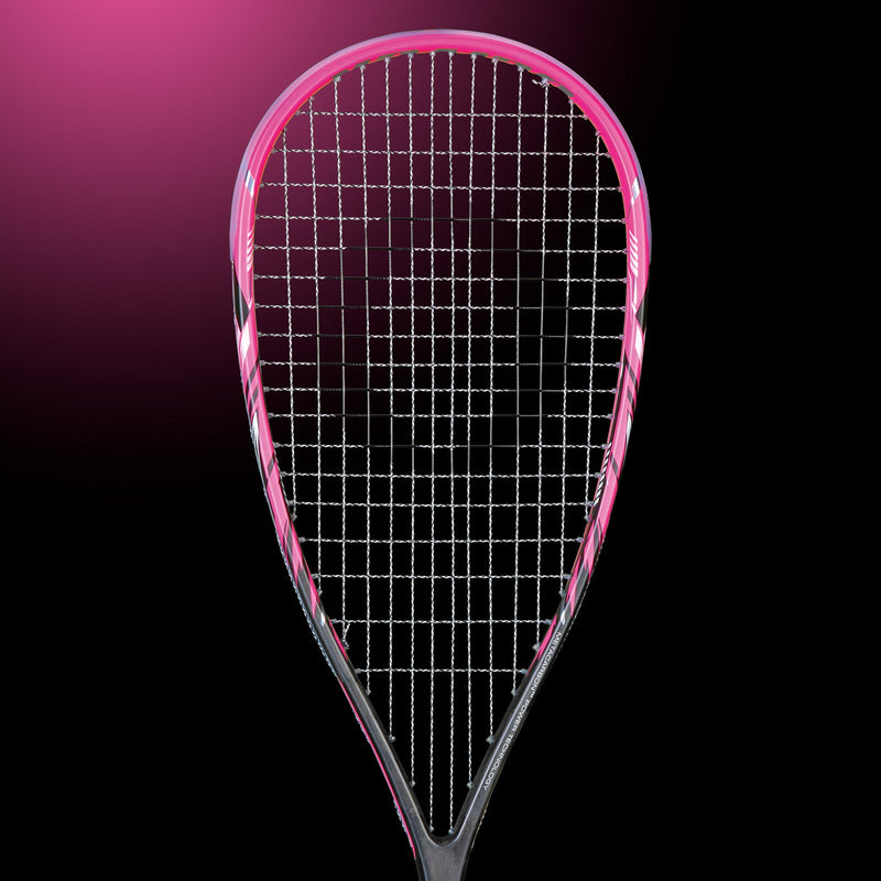 OLIVER Fuchsia Squash Racket, black and pink racket head on a dark background