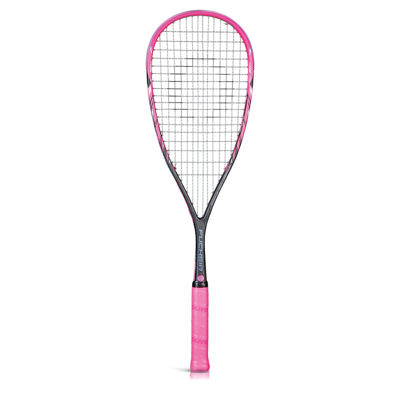 OLIVER Fuchsia Squash Racket, black and pink squash racket with pink grip on a white background