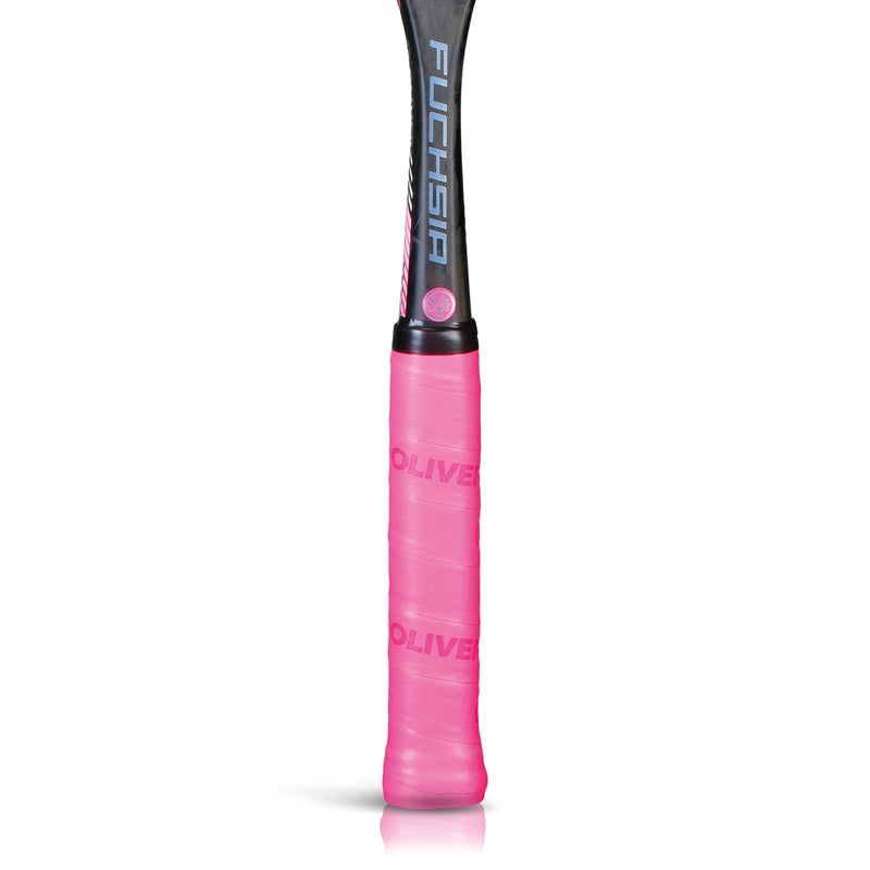 OLIVER Fuchsia Squash Racket, black shaft with pink grip on a white background