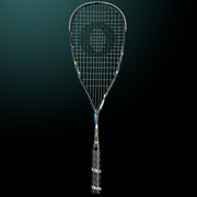 OLIVER Squash Racket Model ICQ 110 Ultra, black racket with black grip against a dark green background