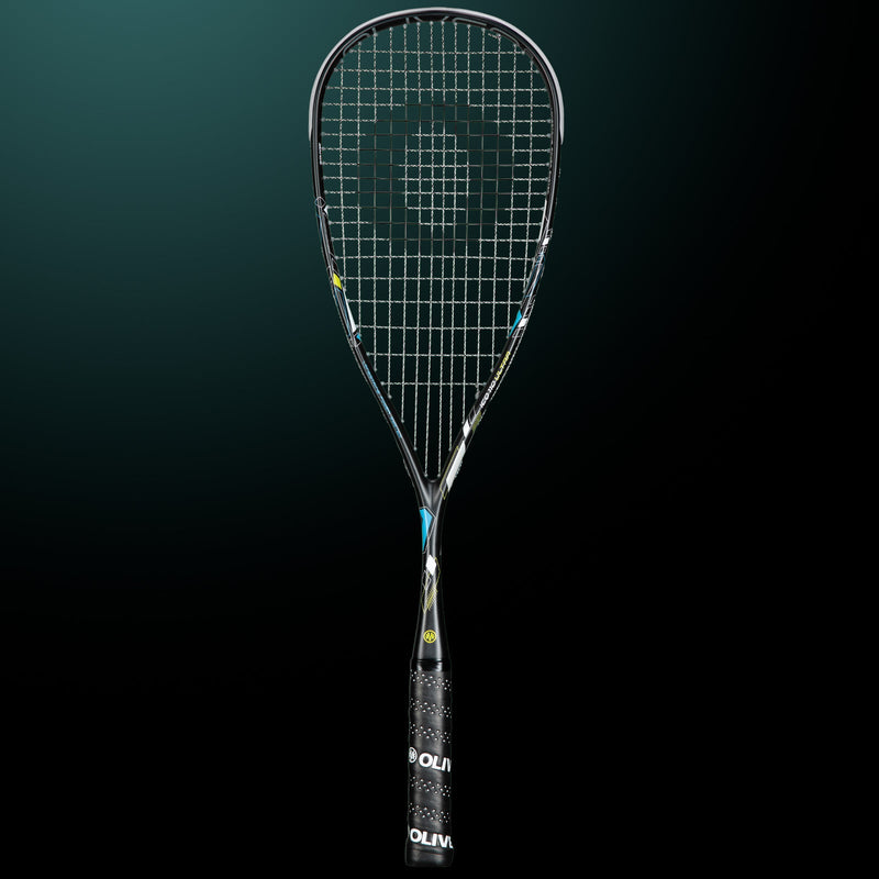 OLIVER Squash Racket Model ICQ 110 Ultra, black racket with black grip against a dark green background