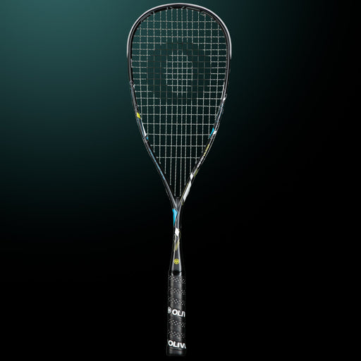OLIVER Squash Racket Model ICQ 110 Ultra, black racket with black grip against a dark green background