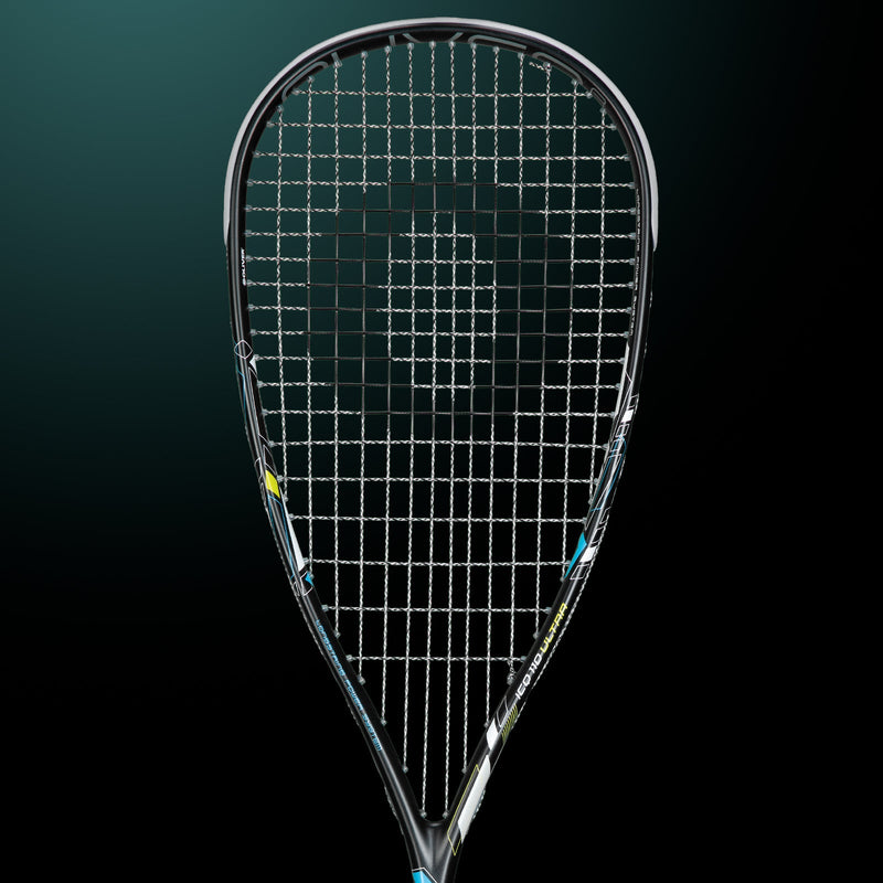 OLIVER Squash Racket Model ICQ 110 Ultra, black racket against a dark green background