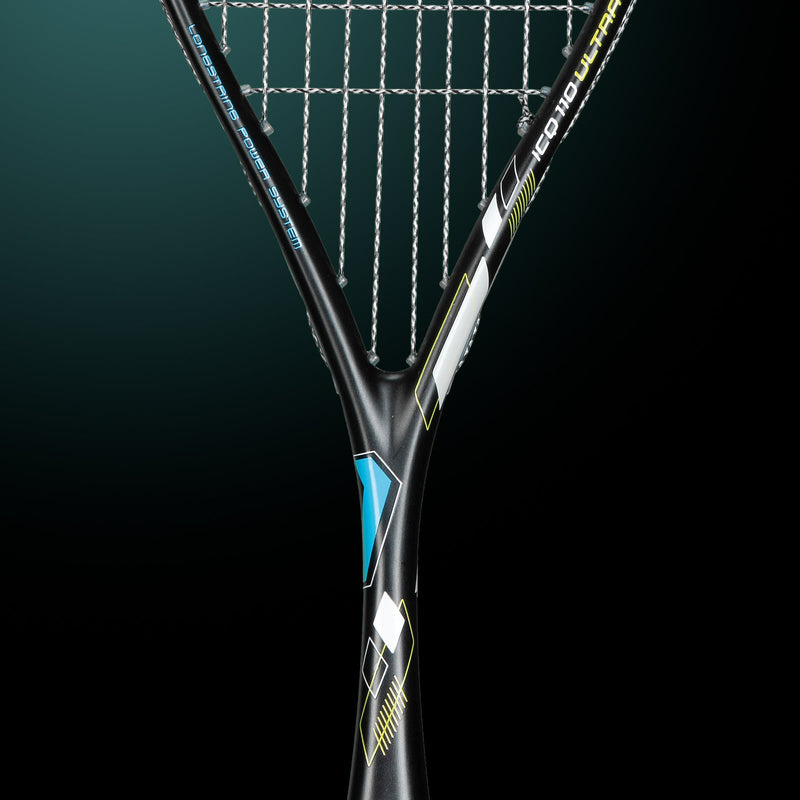 OLIVER Squash Racket Model ICQ 110 Ultra, black racket against a dark green background
