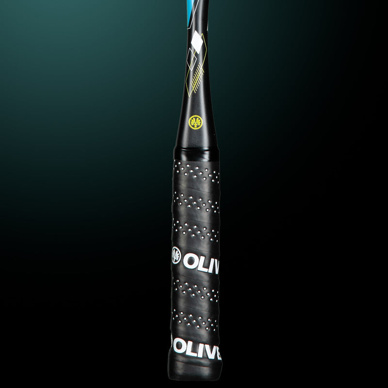 OLIVER Squash Racket Model ICQ 110 Ultra, black grip against a dark green background