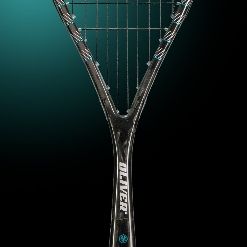 OLIVER Pure 6 Squash Racket, black racket on a dark green background