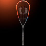 OLIVER Racer 4 Squash Racket, black racket with orange frame and black grip on a dark orange background