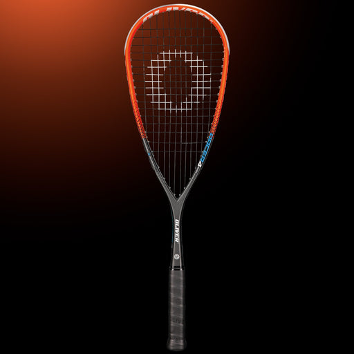 OLIVER Racer 4 Squash Racket, black racket with orange frame and black grip on a dark orange background