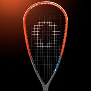 OLIVER Racer 4 Squash Racket, black racket with orange frame on a dark orange background