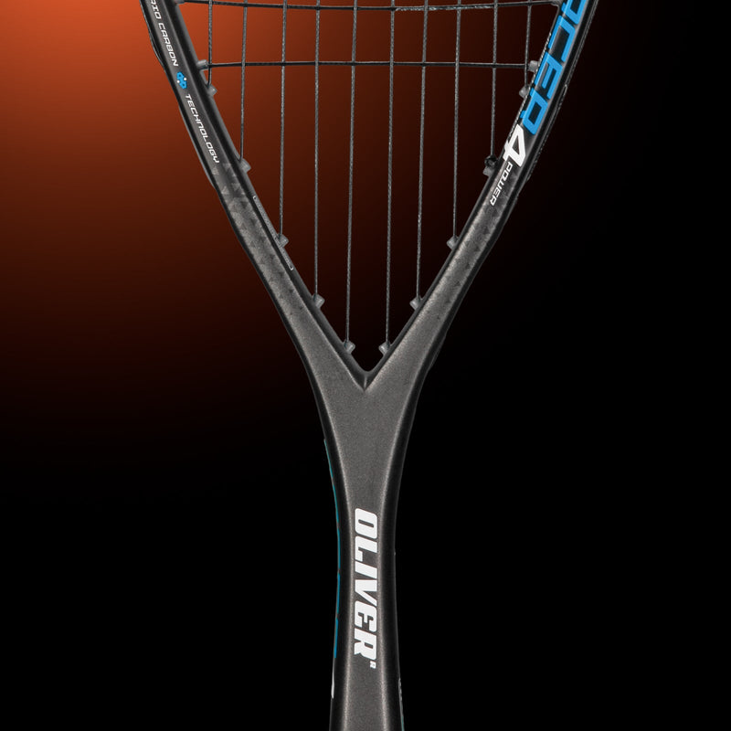 OLIVER Racer 4 Squash Racket, black racket with orange frame on a dark orange background