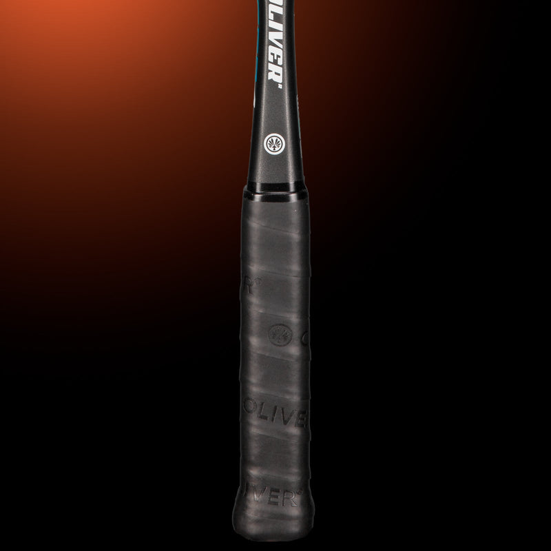 OLIVER Racer 4 Squash Racket, black grip on a dark orange background
