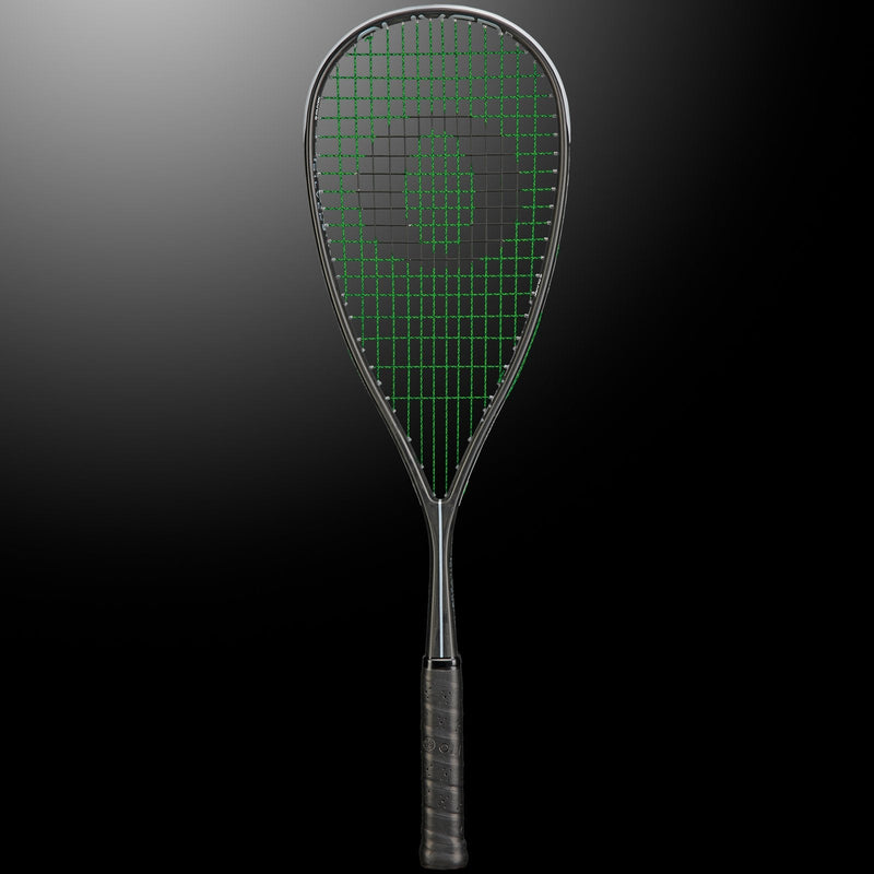 OLIVER Supralight Squash Racket, silver racket with black grip on a dark grey background