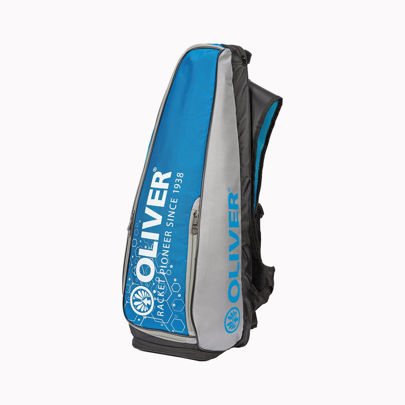OLIVER Long Backpack, blue-grey with a striking design and multiple zip pockets, perfect as a racket bag or for storing badminton, squash, padel and pickleball gear