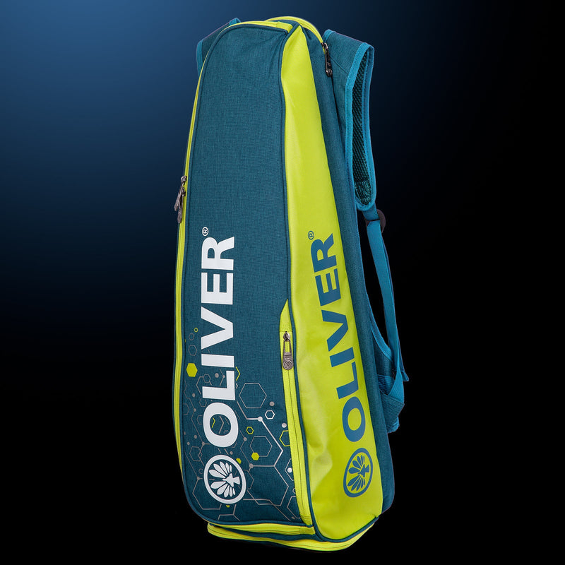 OLIVER Long Backpack, green with a striking design and multiple zip pockets, perfect as a racket bag or for storing badminton, squash, padel and pickleball gear